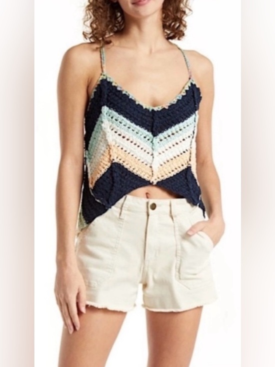 Free People Tops - Free People Swim Up tank top blue green open knit sleeveless boho crochet